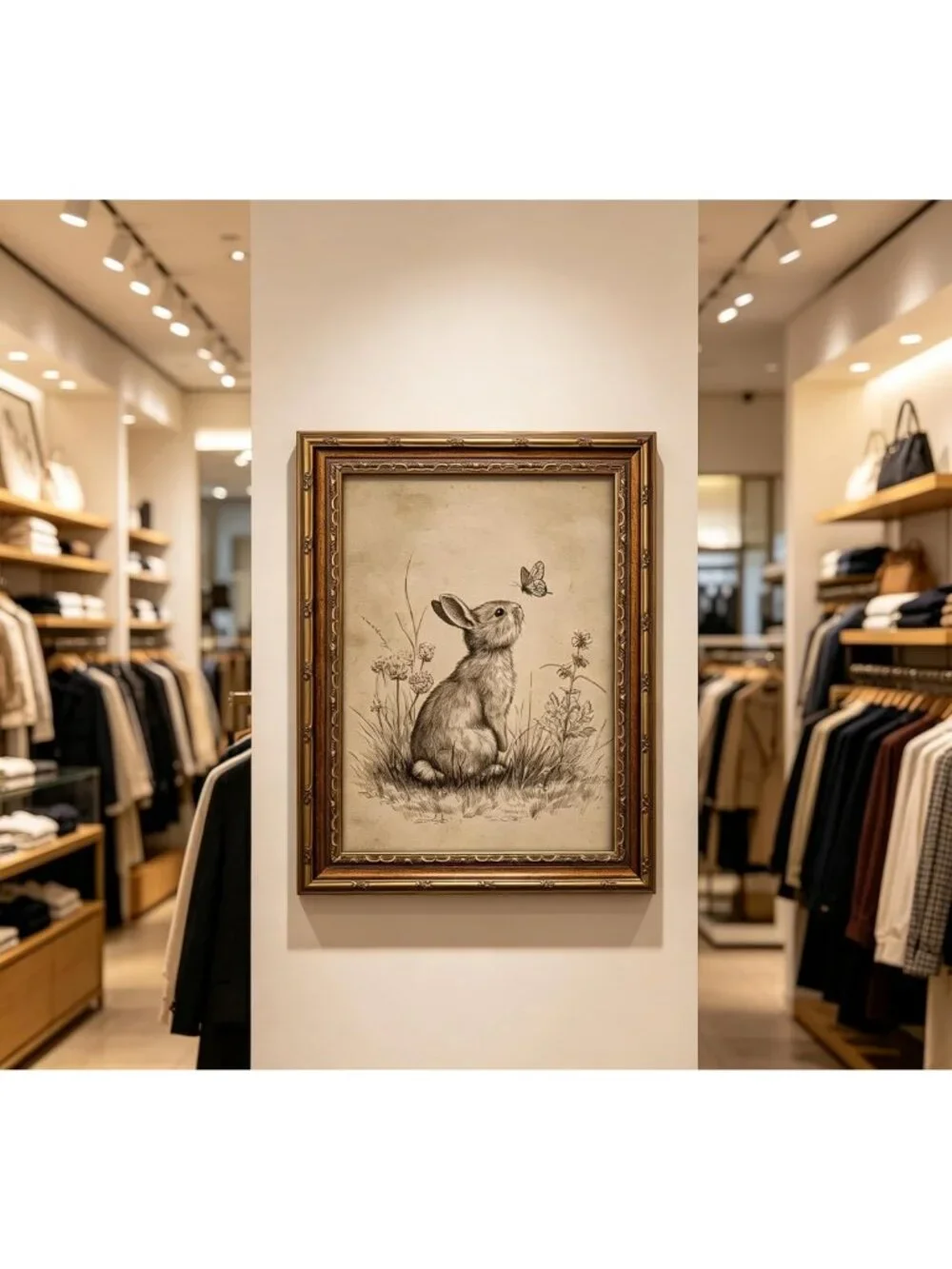 Vintage Gold Framed Bunny Wall Art | Easter Rabbit & Butterfly Canvas Print for